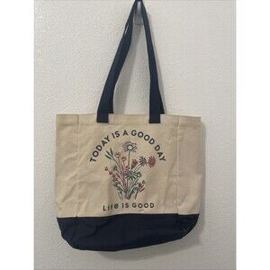 LIFE IS GOOD Heavy Cotton Navy Blue & Off White Botanical Flowers Work Bag Tote